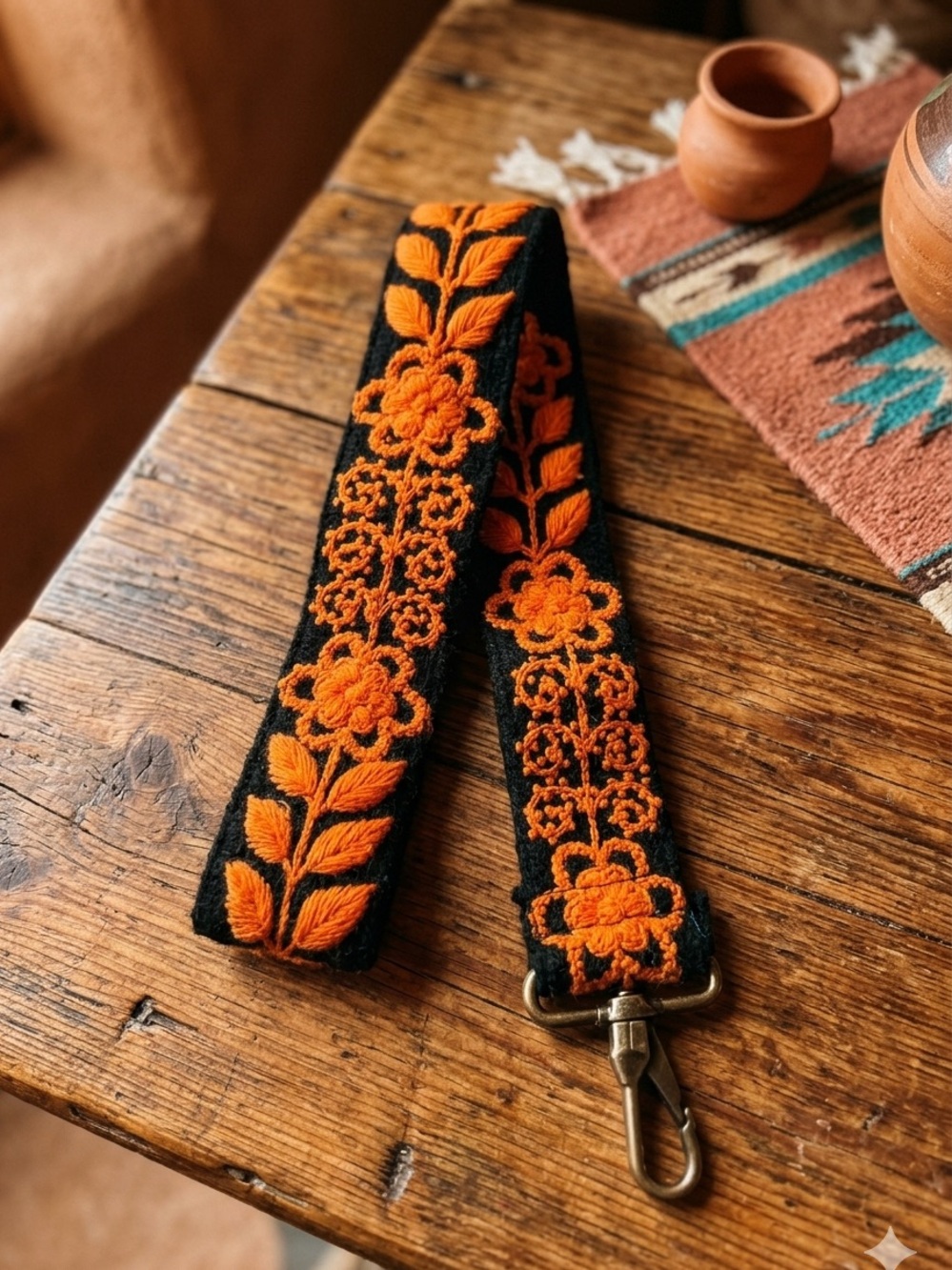 Madeline Parks  Black and Orange Floral Embroidered Purse Strap